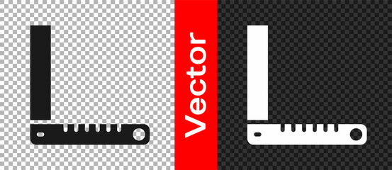 Black Corner ruler icon isolated on transparent background. Setsquare, angle ruler, carpentry, measuring utensil, scale. Vector
