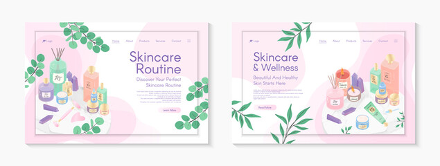 Web page design templates for skin care treatment,face massage tutorial,spa,wellness,natural products,cosmetics,self care.Vector illustration concepts for website, mobile website.Landing page layouts.