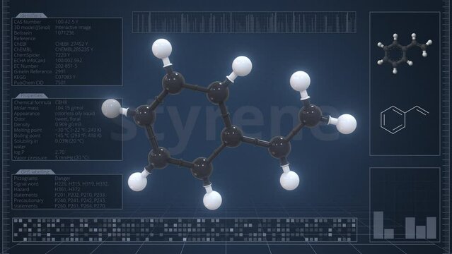 Styrene molecule with description on the computer screen, loopable 3d animation