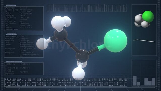 Overview of the molecule of ethyl chloride on the computer screen. Loopable 3d animation