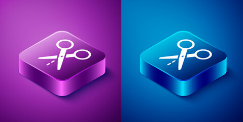 Isometric Scissors with cut line icon isolated on blue and purple background. Tailor symbol. Cutting tool sign. Square button. Vector