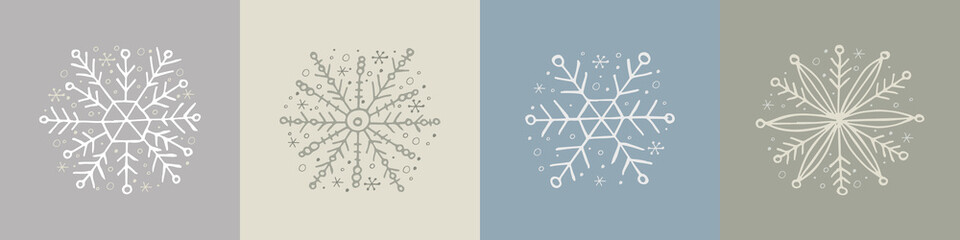 A set of hand-drawn snowflakes. Vector illustration in doodle style. Winter mood. Hello 2023. Merry Christmas and Happy New Year. White and gray elements on a gray background.
