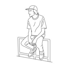 Young man relaxing and sitting on the fence. Cartoon minimal style