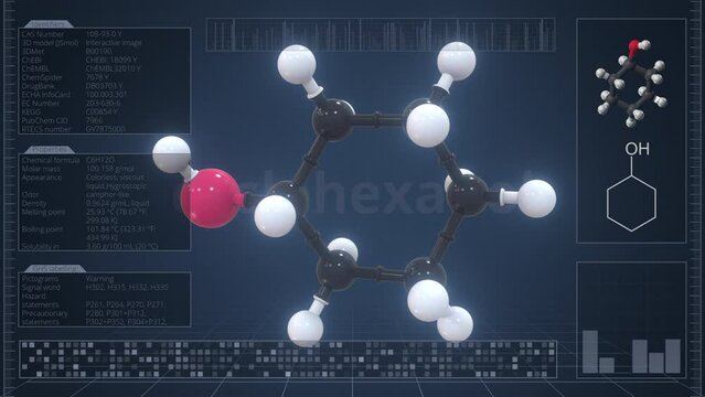 Cyclohexanol molecule with description on the computer screen, loopable 3d animation