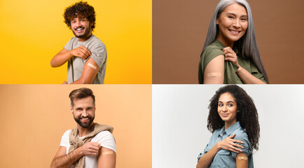 Collage of happy diverse vaccinated people with band-aids on arms, group of multiracial people got...