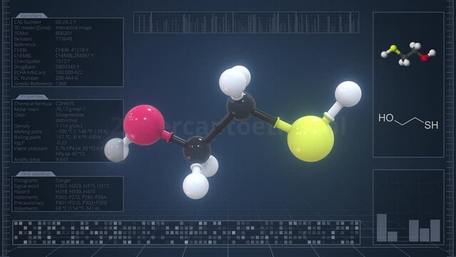 2-mercaptoethanol molecule with description on the computer screen, loopable 3d animation