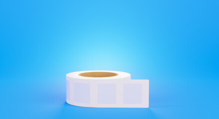 Blank Label Stickers, isolated on a blue background. Babina of self-adhesive stickers. White roll of labels for thermal perforation. Sticky label roll, 3d render