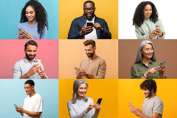 Set of multiracial people using smartphones isolated on color backgrounds, collage of portraits of...