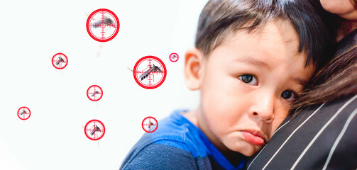 World malaria day.Mosquitoes bite kid child boy on face.Mosquito blood breeding on kids.Repellent, Dengue virus, Yellow fever, Malaria vaccine Mosquitoes concept.Cream and Spray repellent.Skin allergy