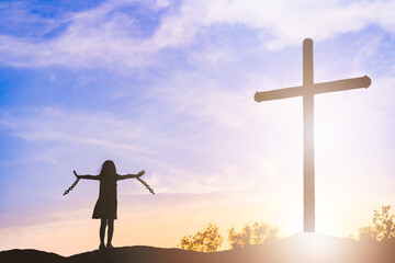 Silhouette kid break chains freedom.Kid Holy Cross of christian and Jesus Christ.Good friday,...
