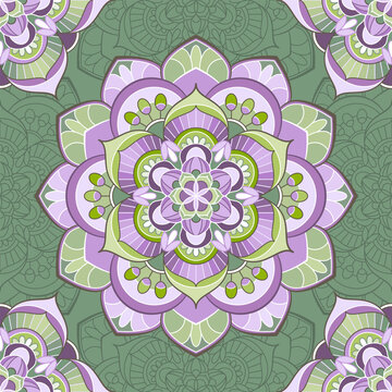 seamless pattern with mandala in green and purple colors