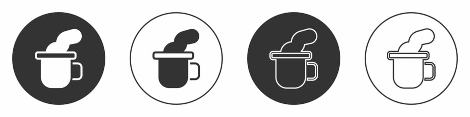 Black Cup of tea icon isolated on white background. Circle button. Vector