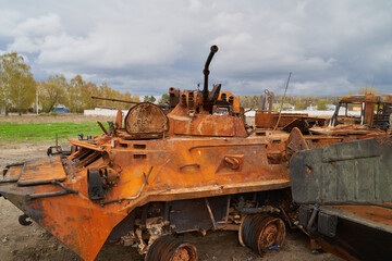 destroyed Russian tank. Russian tank at the cemetery of Russian equipment in Ukraine. Burnt Russian...
