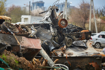 destroyed Russian tank. Russian tank at the cemetery of Russian equipment in Ukraine. Burnt Russian fuel truck. War in Ukraine 2022. destroyed armored vehicles ukraine