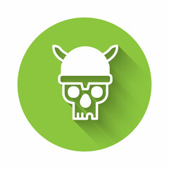 White Skull with viking helmet icon isolated with long shadow background. Happy Halloween party. Green circle button. Vector
