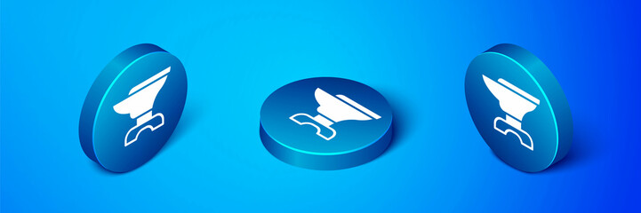 Isometric Anvil for blacksmithing and hammer icon isolated on blue background. Metal forging. Forge tool. Blue circle button. Vector