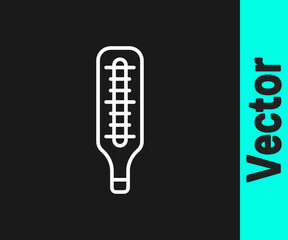 White line Medical thermometer for medical examination icon isolated on black background. Vector