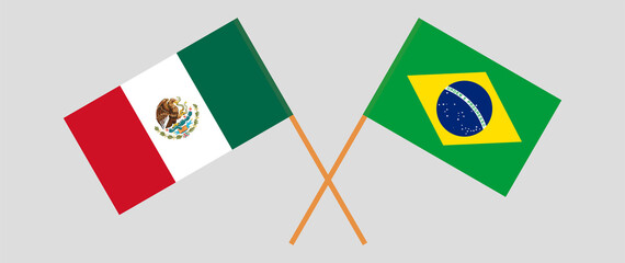 Crossed flags of Mexico and Brazil. Official colors. Correct proportion