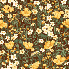 Seamless pattern of floral wilderness California poppy field