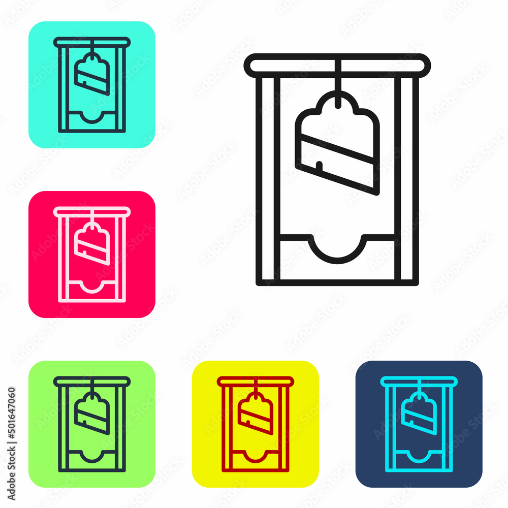 Poster black line guillotine medieval execution icon isolated on white background. set icons in color squar