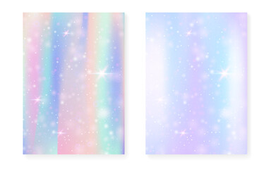 Rainbow background with kawaii princess gradient. Magic unicorn hologram.