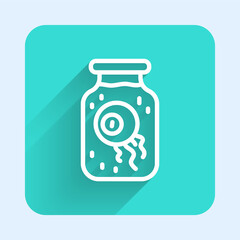 White line Eye in a jar icon isolated with long shadow. Happy Halloween party. Green square button. Vector