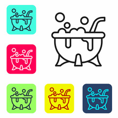 Black line Halloween witch cauldron icon isolated on white background. Happy Halloween party. Set icons in color square buttons. Vector