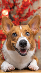 a male corgi pembroke welsh photoshoot pet photography studio isolated with blue background christmas theme dress and decoration