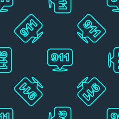 Green line Telephone with emergency call 911 icon isolated seamless pattern on blue background. Police, ambulance, fire department, call, phone. Vector