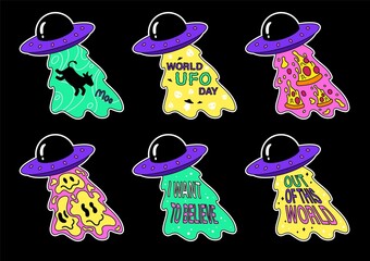 Set of Ufo alien spaceship groovy print for t shirt. Stickers with inscription, emojis, pizza and cow. Design element for print on fabric. Cartoon flat vector collection isolated on black background