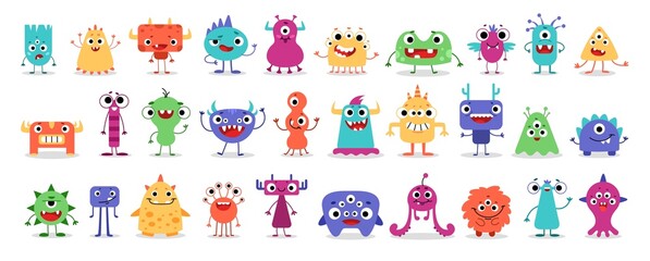 Fototapeta Monster super big icon set. Stickers with scary or funny characters for Halloween. Cute smiling head with sharp teeth, fangs and horns. Cartoon flat vector collection isolated on white background obraz