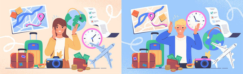 Set of characters overloaded with lot of vacation tasks. Man and woman pack suitcases, buy plane tickets, exchange currency and hold heads. Cartoon flat vector collection isolated on white background