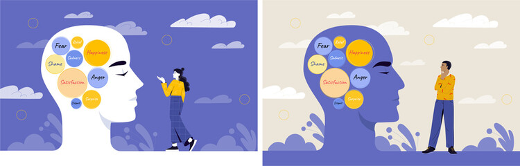 Inner voice as different emotion and feeling reflections. Thinking and opinion of internal voice. Psychological state and mental disorder. Cartoon flat vector set isolated on white background