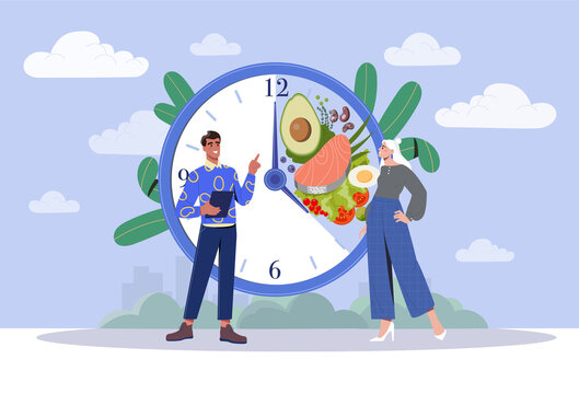 Intermittent fasting with time window for food eating. Healthy diet for weight loss and blood sugar control. Food habit. Lack of evening meals. Healthy man and woman. Cartoon flat vector illustration