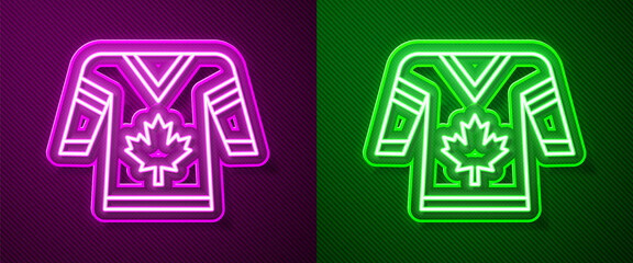 Glowing neon line Hockey jersey icon isolated on purple and green background. Vector