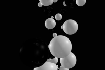 Black and white bubbles illustration. Dynamic bouncing 3d balls on black background