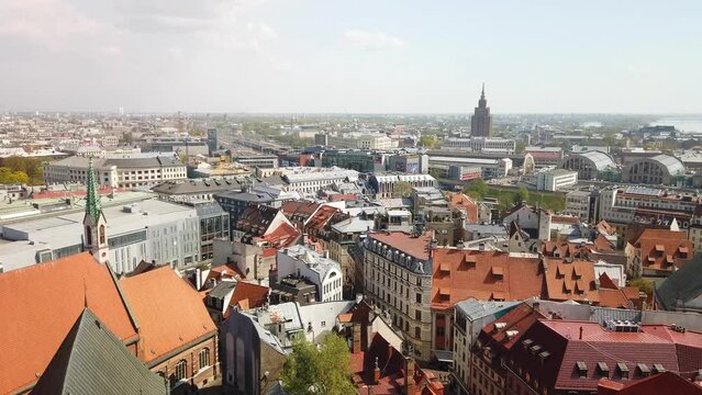 A general view of the Latvian Capital, Riga and the river Daugava. Pan right