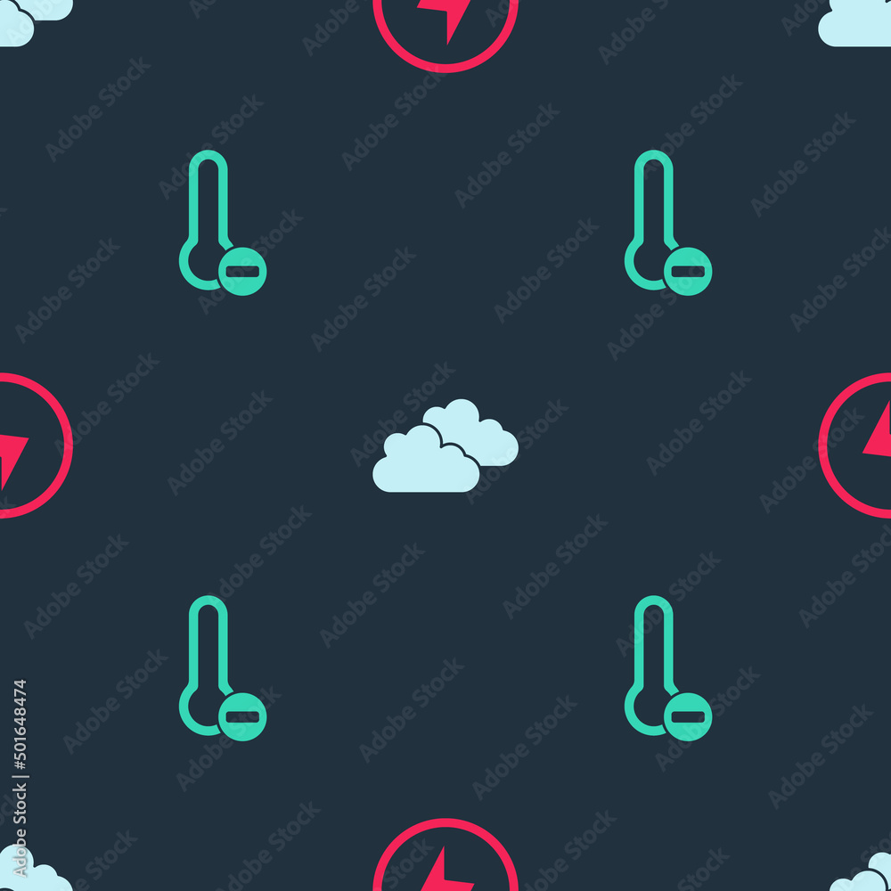 Poster set lightning bolt, cloud and meteorology thermometer on seamless pattern. vector