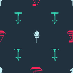 Set Toy boat, horse and Pogo stick jumping toy on seamless pattern. Vector