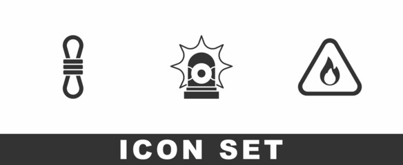 Set Climber rope, Flasher siren and Fire flame in triangle icon. Vector