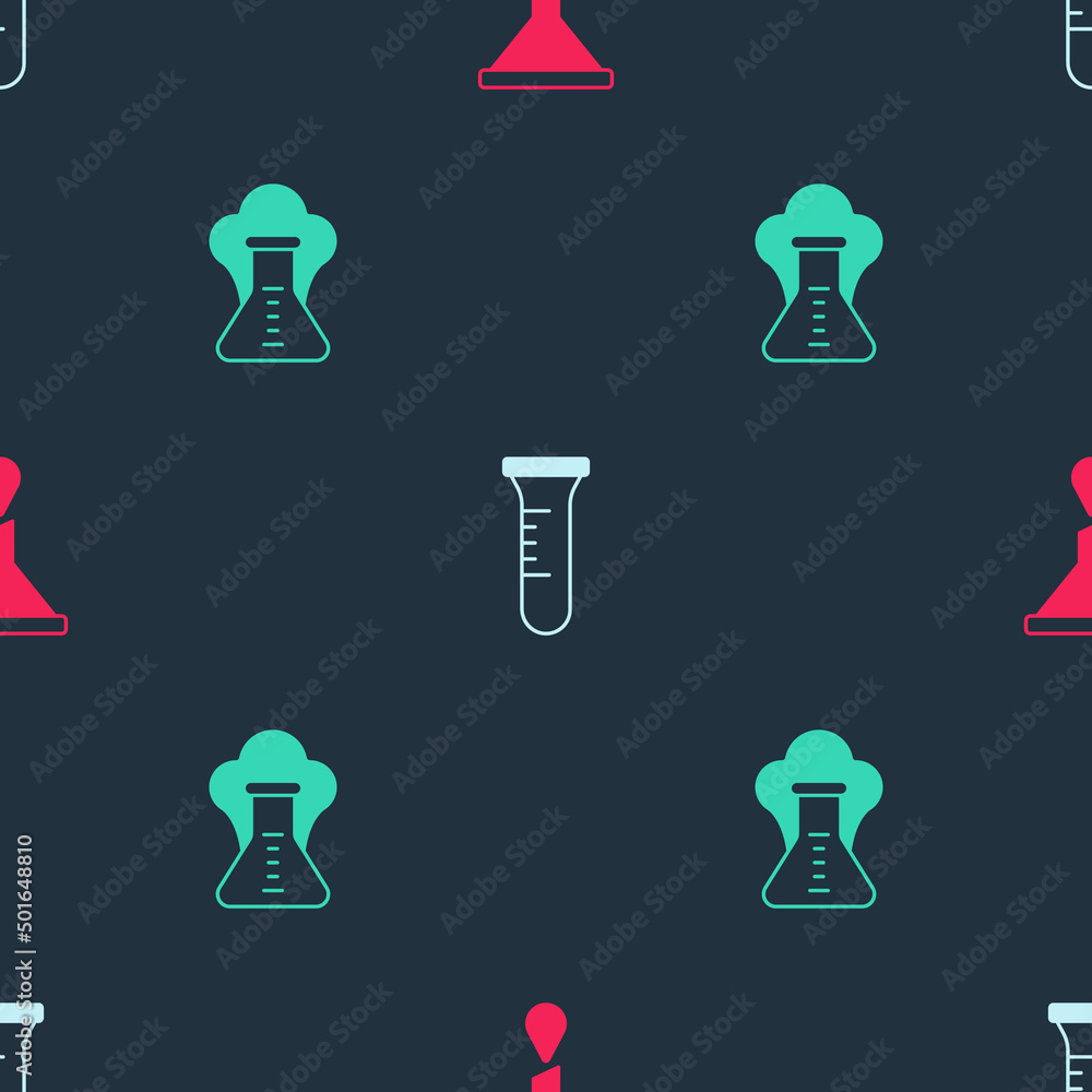 Poster set funnel or filter, test tube and flask and chemical explosion on seamless pattern. vector