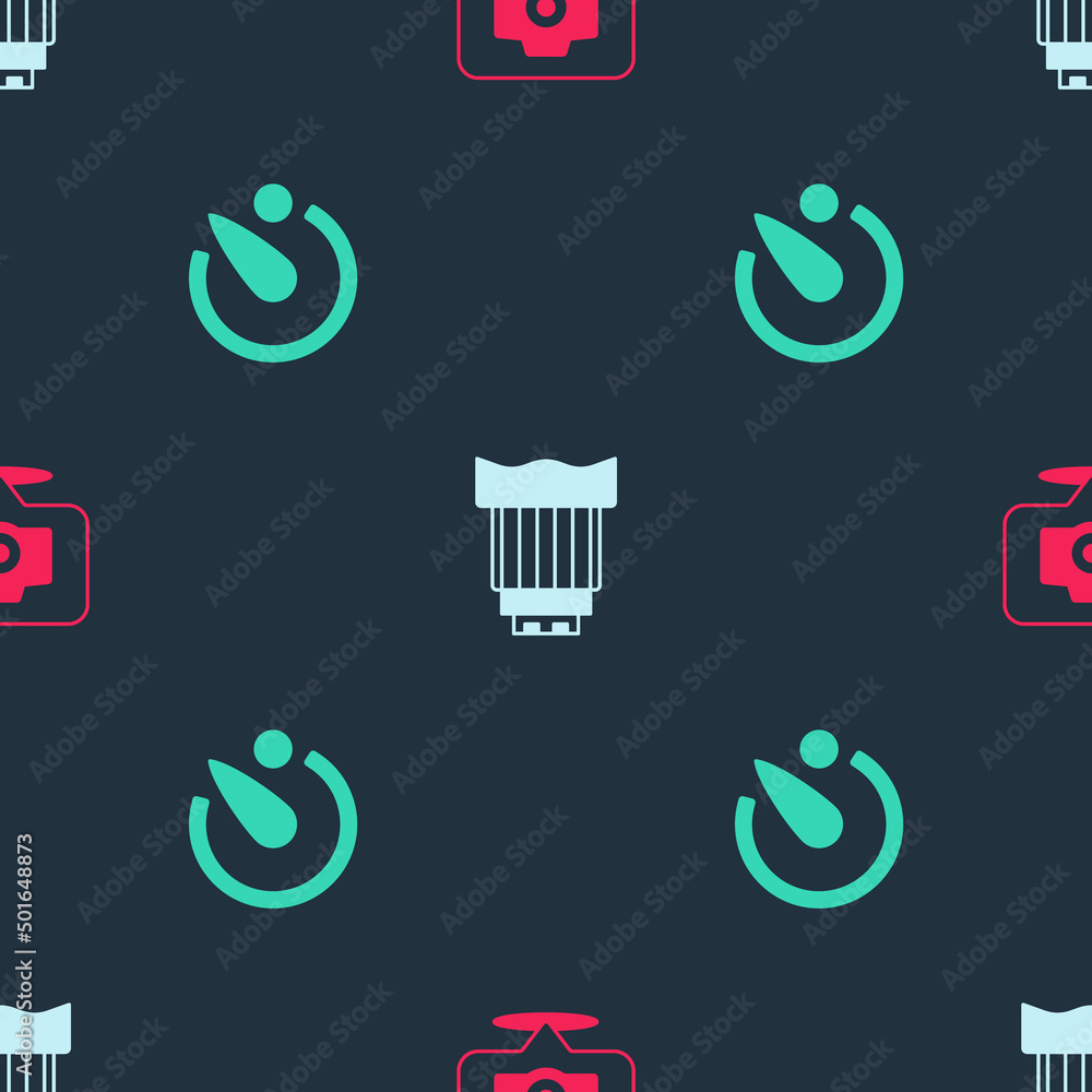 Poster set photo camera, camera photo lens and timer on seamless pattern. vector