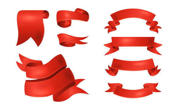 Realistic set of red ribbons. 3D stickers with beautiful ribbons of curved and twisted shape. Design elements for greeting cards and awards. Cartoon flat vector collection isolated on white background