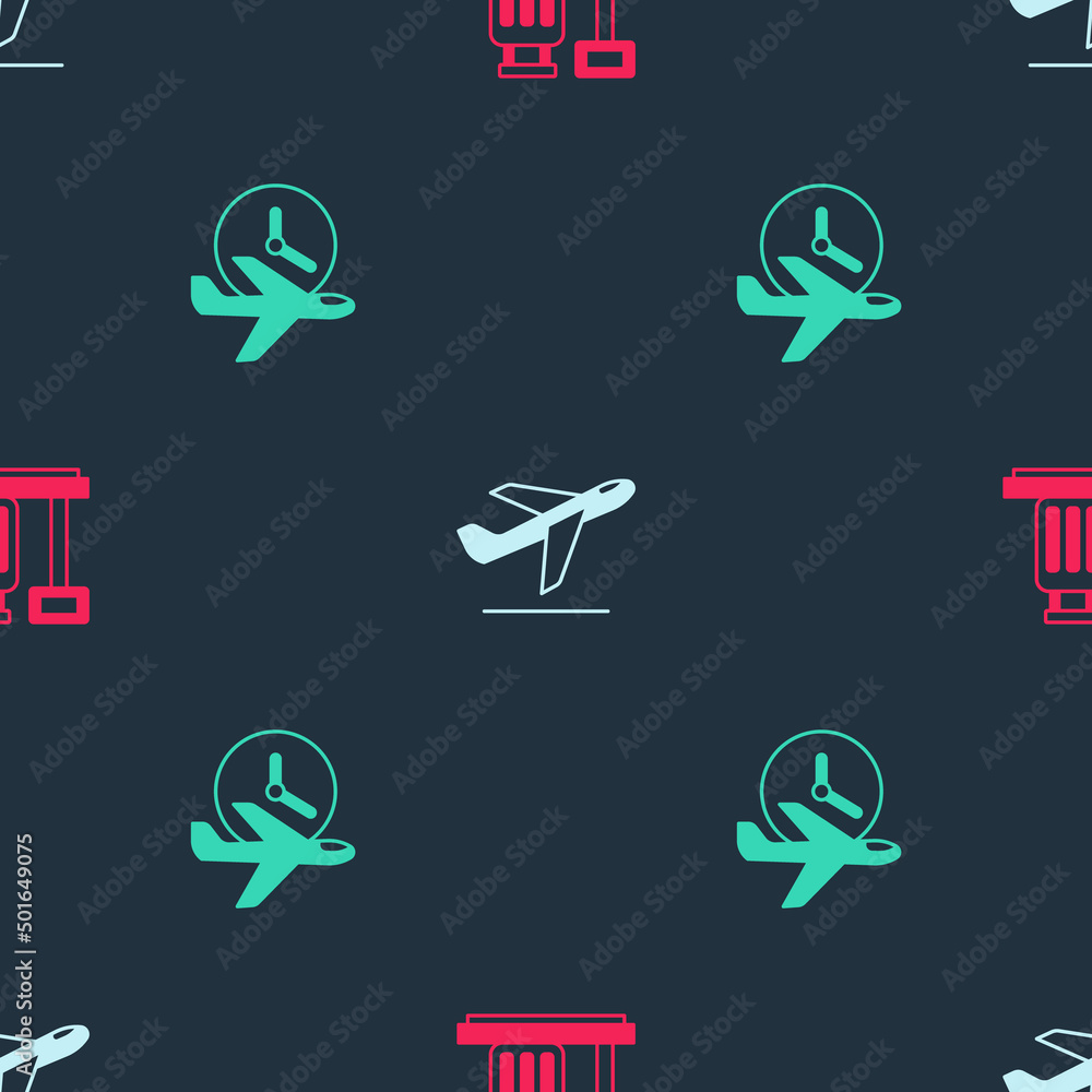 Poster set scale with suitcase, plane takeoff and flight time on seamless pattern. vector