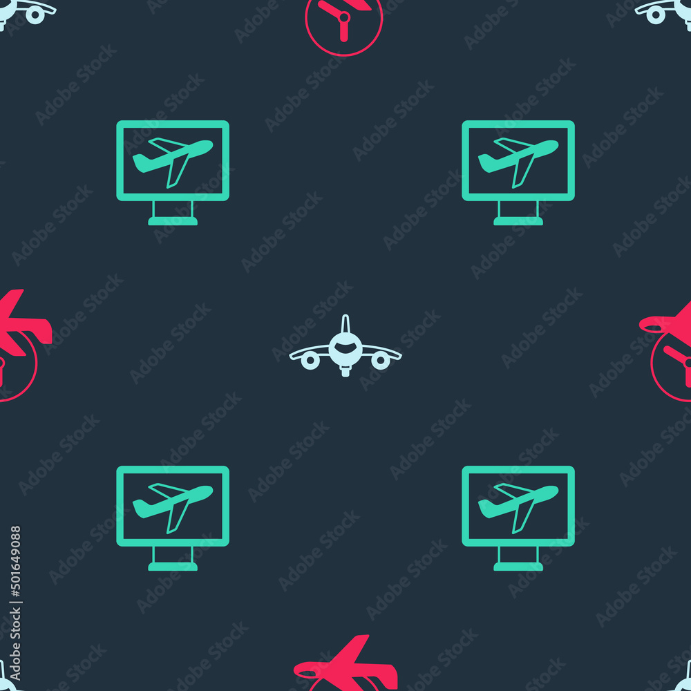 Poster set flight time, plane and on seamless pattern. vector