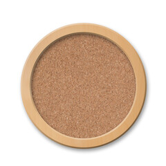 Round corkboard with wooden frame.