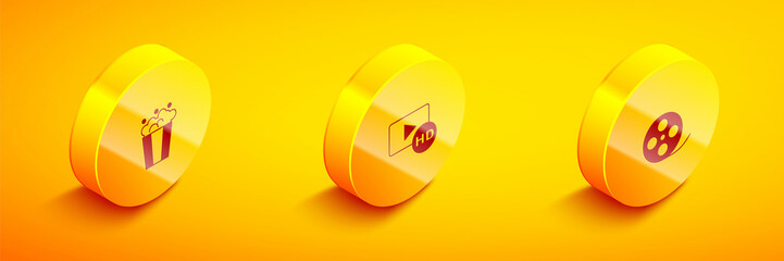 Set Isometric Popcorn in cardboard box, Hd movie, tape, frame and Film reel icon. Vector