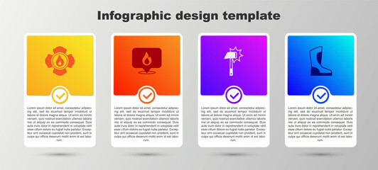 Set Firefighter, Location with fire flame, axe and boots. Business infographic template. Vector