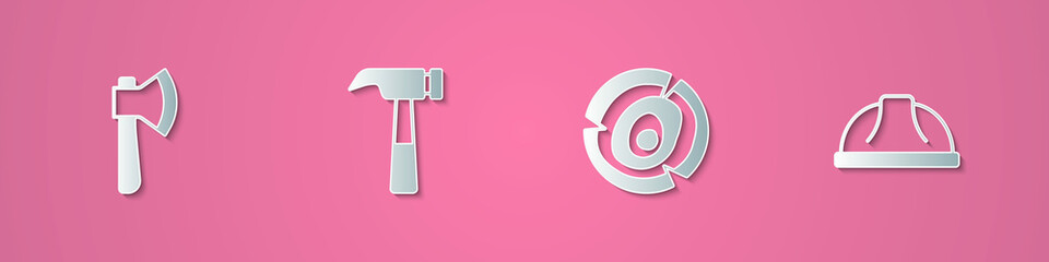 Set paper cut Wooden axe, Hammer, logs and Worker safety helmet icon. Paper art style. Vector