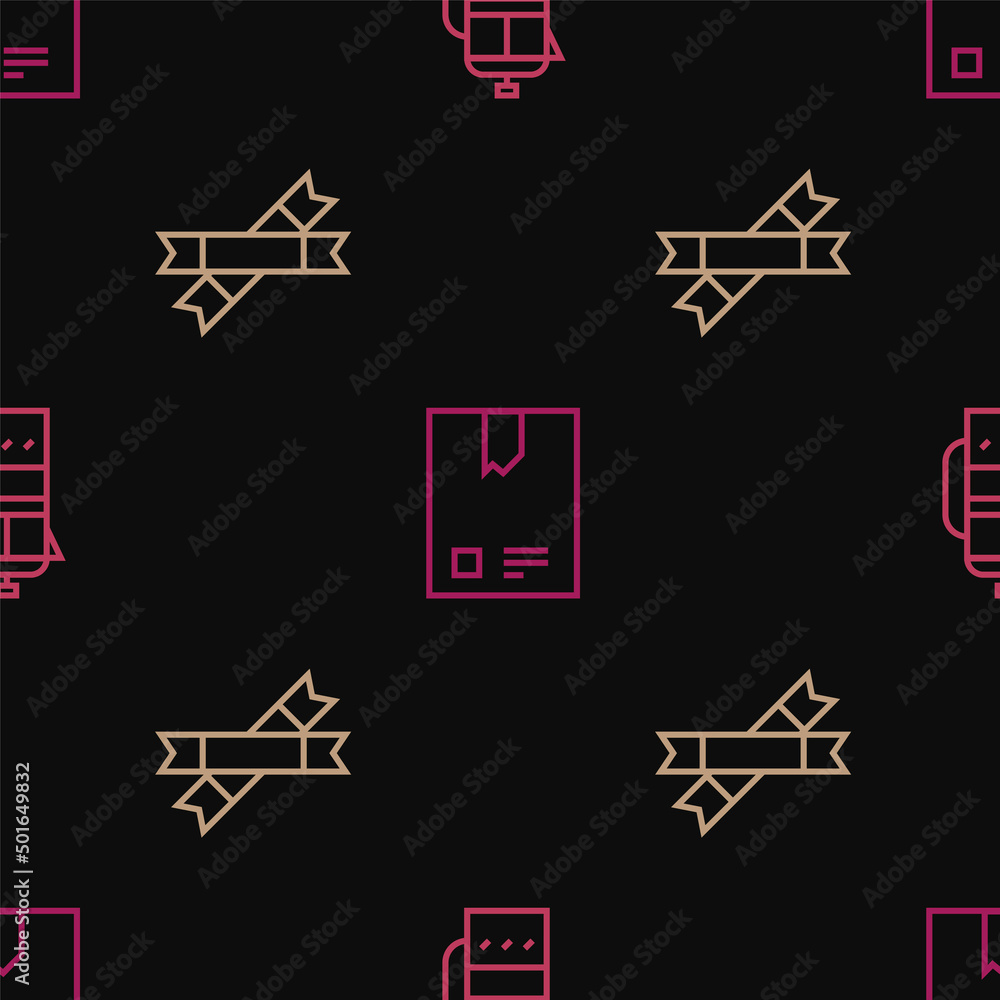 Sticker Set line French press, Sugar stick packets and Bag of coffee beans on seamless pattern. Vector